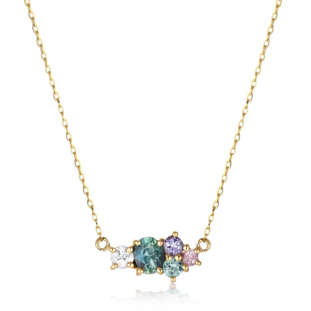 Cluster necklace with sapphires set in 18K yellow gold
