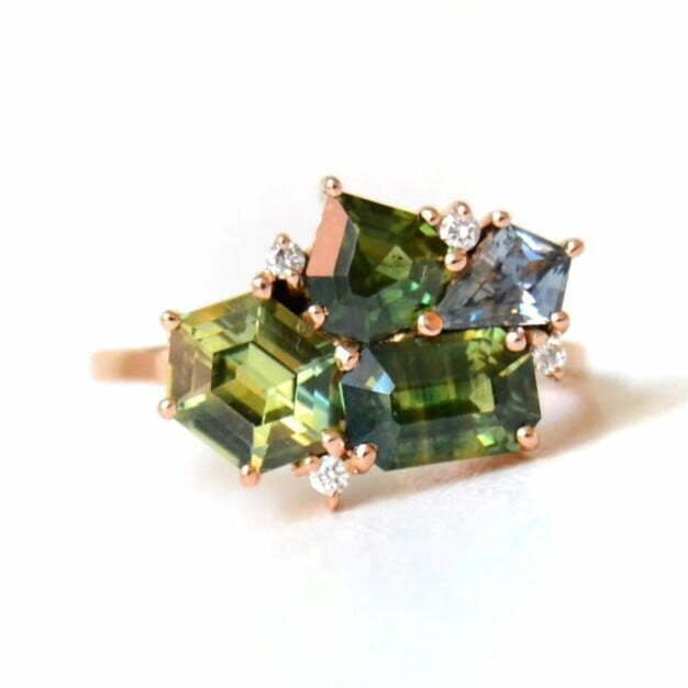 cluster ring with green sapphires set in 18k rose gold