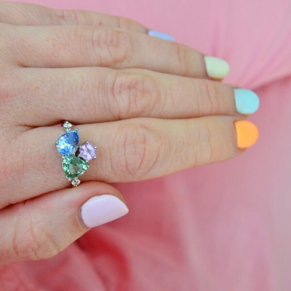 Color cluster ring with sapphire and tourmaline