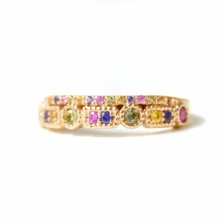 pastel sapphires in 14k yellow gold