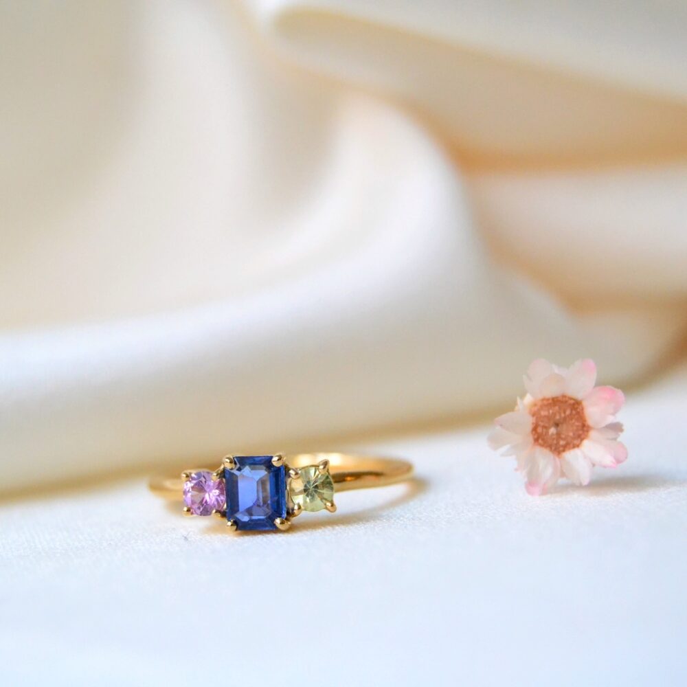 Three stone ring with sapphires