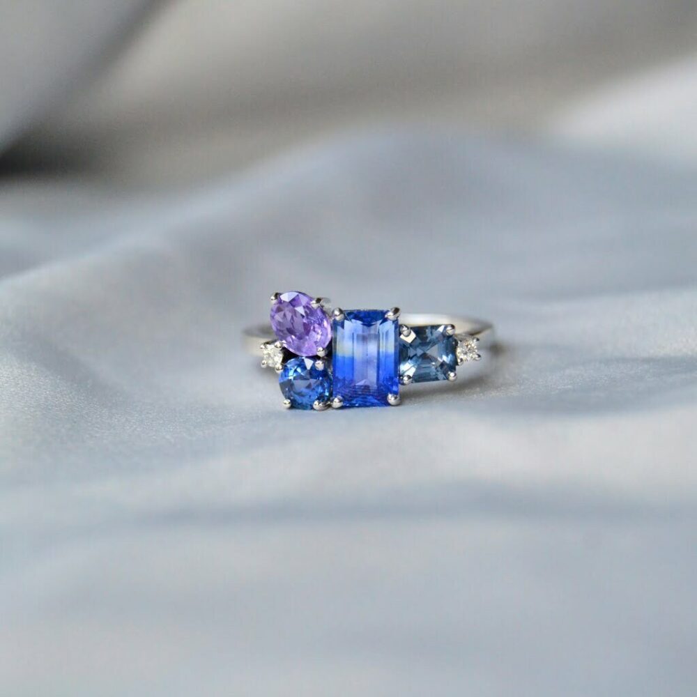 bi-color blue sapphire cluster ring