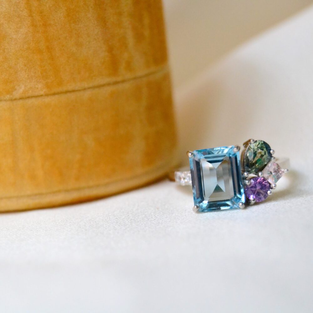 Aquamarine ring with sapphires and diamonds