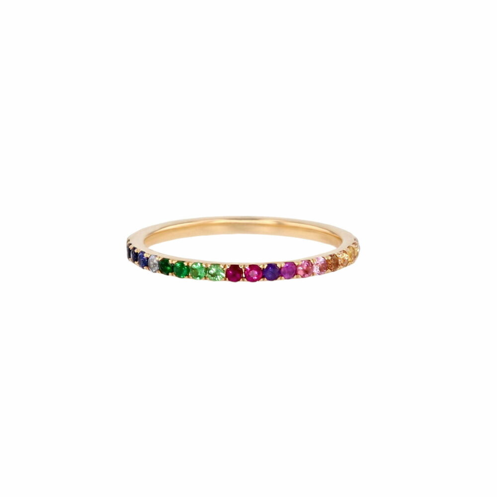 Eternity ring with rainbow sapphires in 18K yellow gold