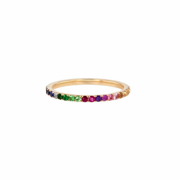 Eternity ring with rainbow sapphires in 18K yellow gold