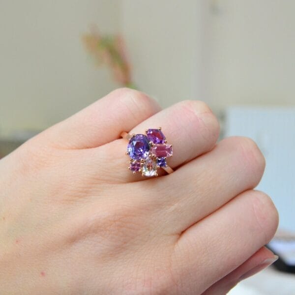 Bi-Color Purple Sapphire Cluster Ring