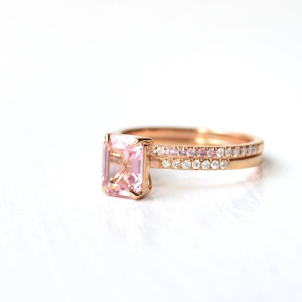 Pink tourmaline wedding stack made with diamonds and 18K rose gold.