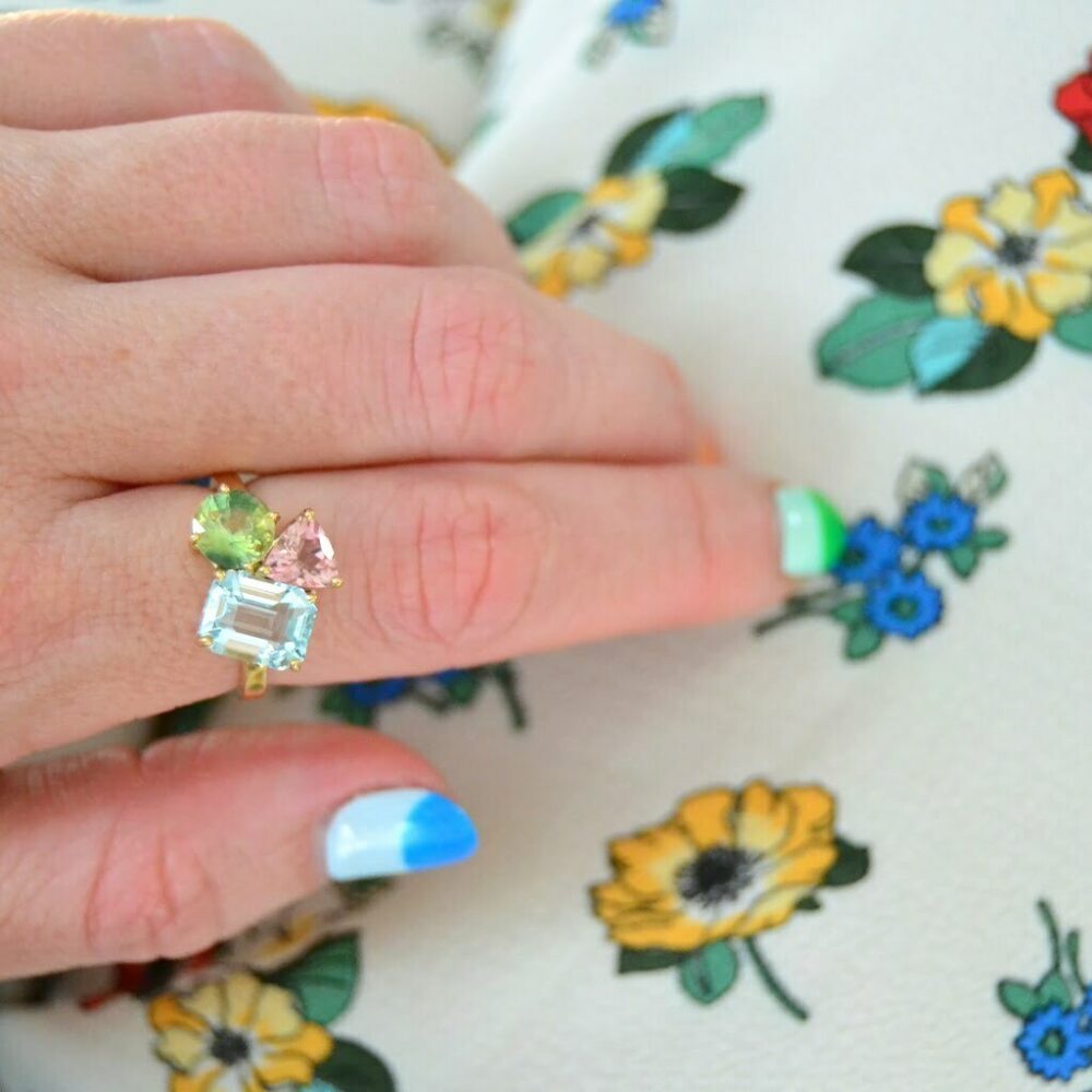 Birthstone family ring with aquamarine, sapphire and pink tourmaline