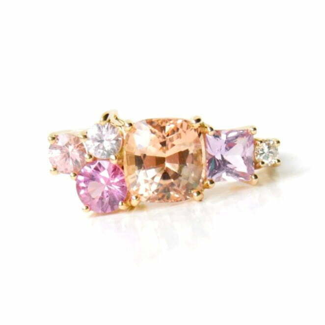 peach tourmaline ring with sapphires and diamonds