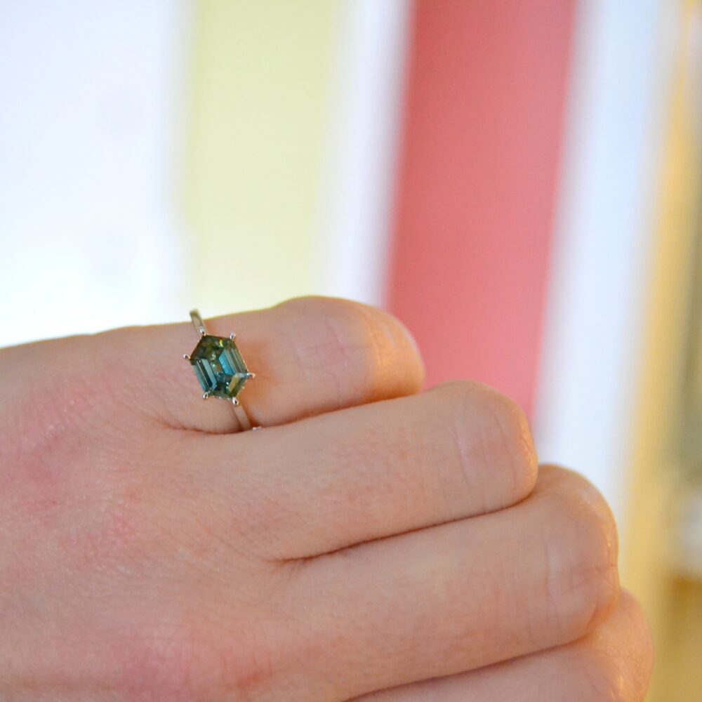 Hexagon green sapphire ring with hidden diamonds