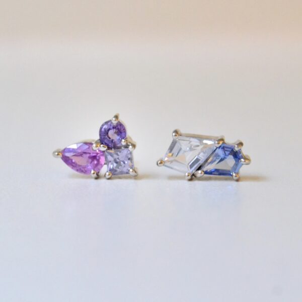Cluster ear studs with sapphire set in 18k white gold