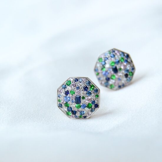 chunky earrings with sapphire, tsavorite and diamonds set in 18K white gold.