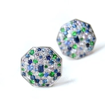 Chunky earrings with diamonds and colorful gemstones made of 18k white gold