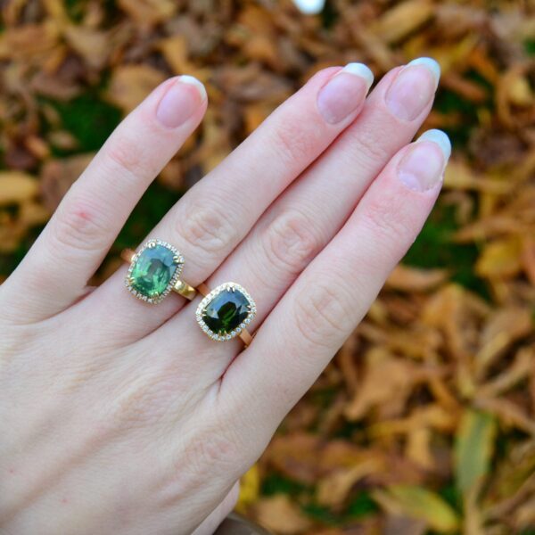 Green zircon halo ring with diamonds