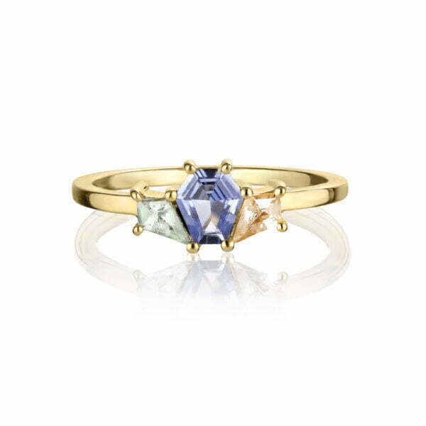 Cluster ring with blue, green and peach sapphires in 18K yellow gold