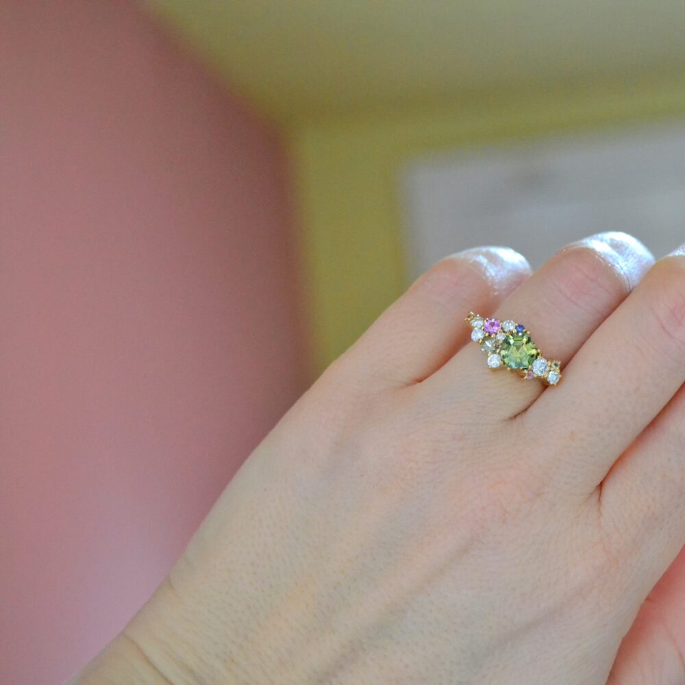 Hexagon green sapphire cluster ring
