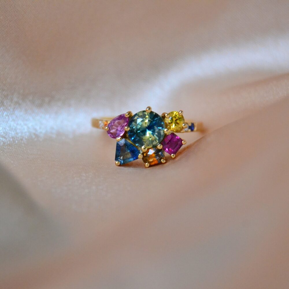 Bi-color sapphire cluster ring