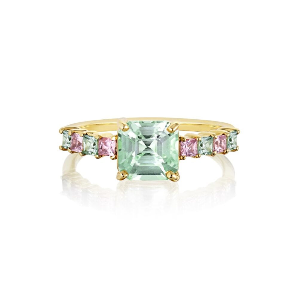 Green tourmaline ring with pastel sapphires set in 18K yellow gold