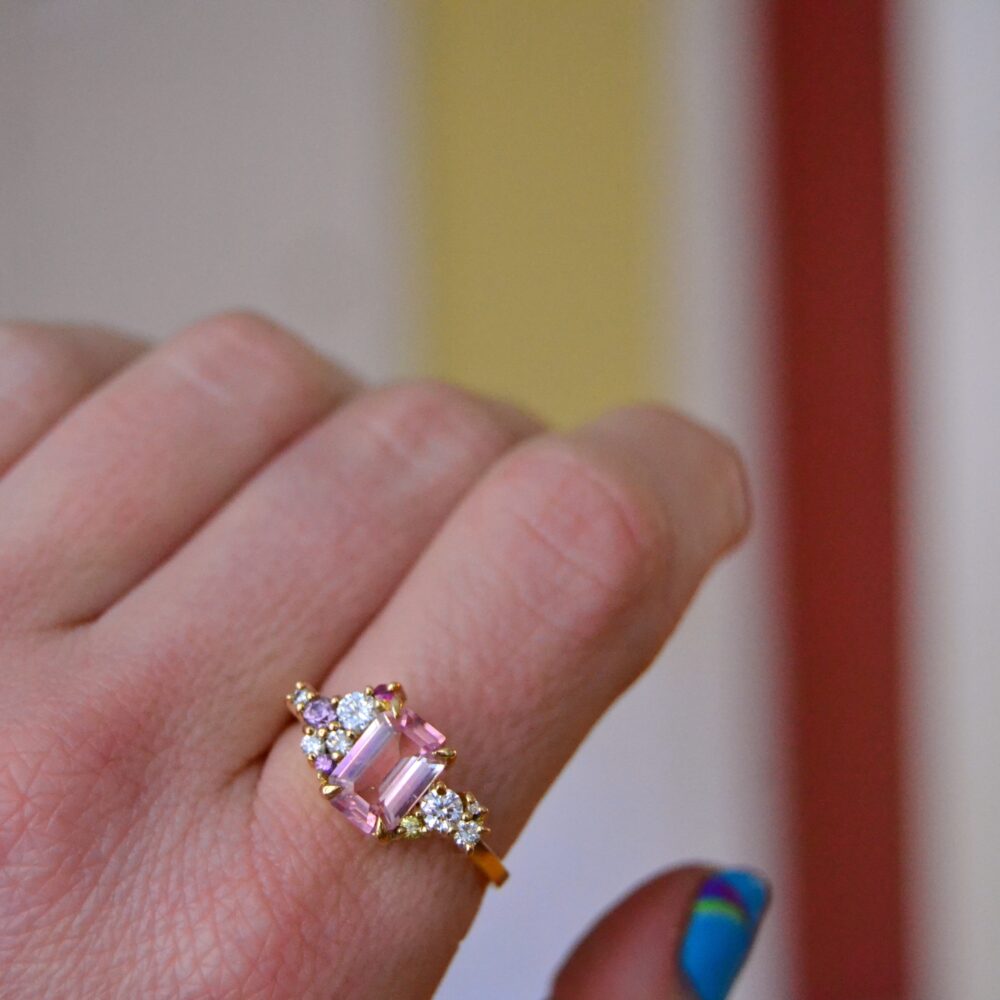 Bi-color tourmaline ring with sapphires and diamonds