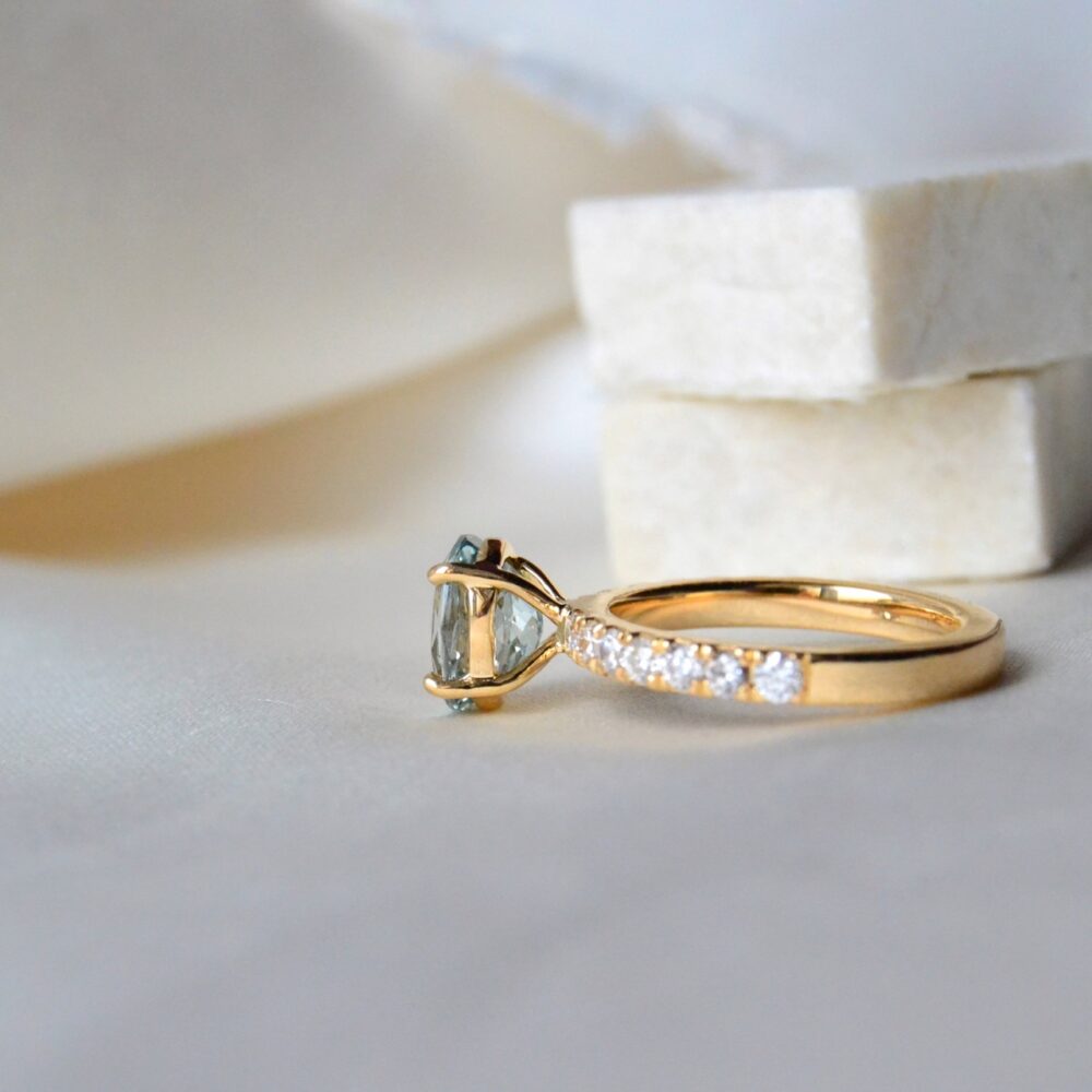2.03ct oval unheated sea foam sapphire ring with diamonds