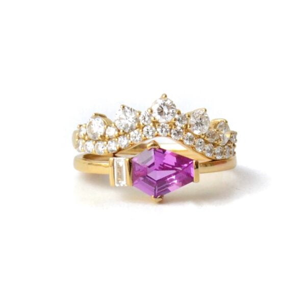 Pink sapphire ring stack with loads of diamonds set in yellow gold