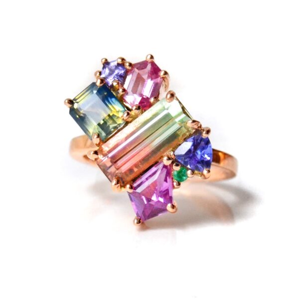 Watermelon tourmaline ring set with sapphires