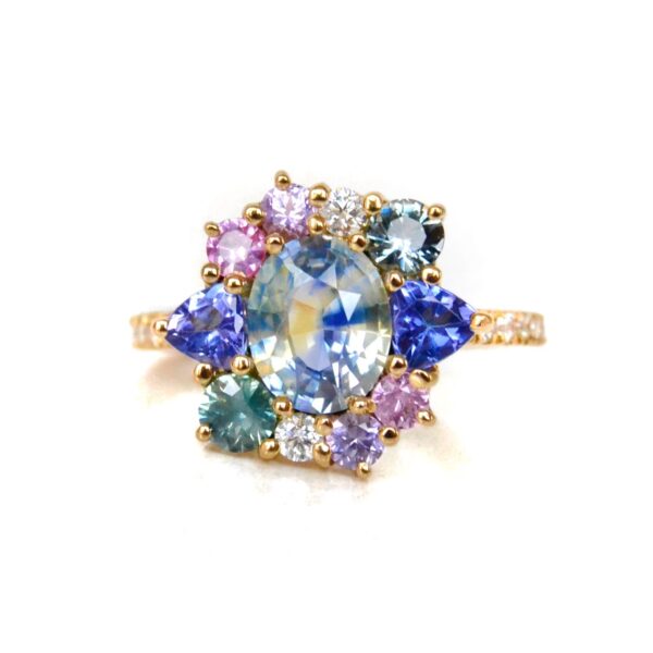 Multi coloured halo ring with sapphires and diamonds
