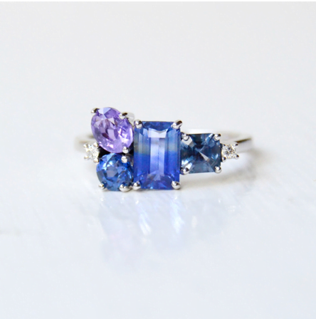 bi-color blue sapphire ring with spinel, diamond and sapphire set in 18K white gold.
