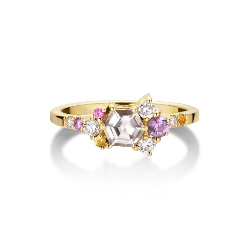 Peach sapphire and diamond ring