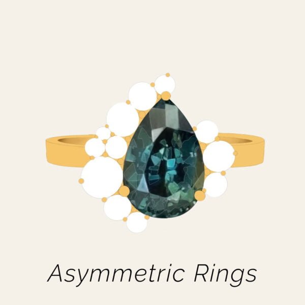 Asymmetric rings with colorful gemstones and diamonds set in 18k gold