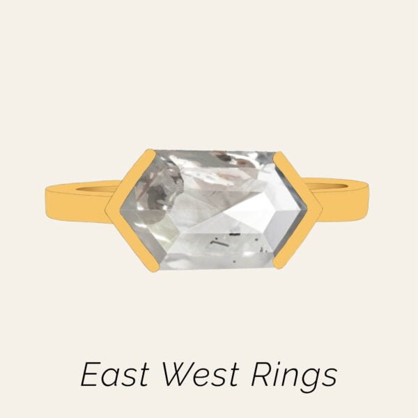 East west ring designs made with diamonds and gemstones and 18k gold