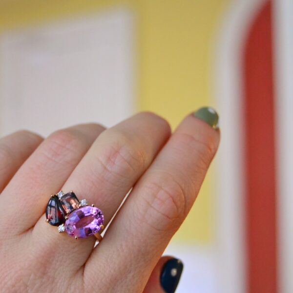 Heirloom garnet cluster ring with bi-color sapphire