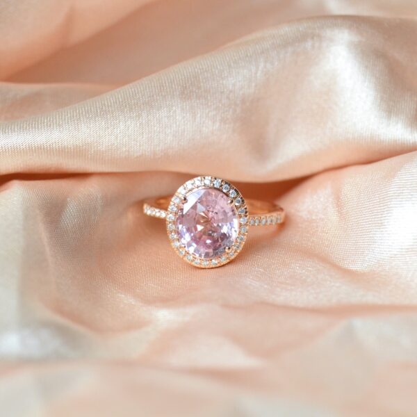 3ct peach sapphire halo ring with diamonds